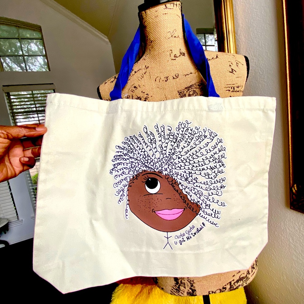 New Signature Curlie Gurlie Tote bag with blue straps. Washable and reusable.